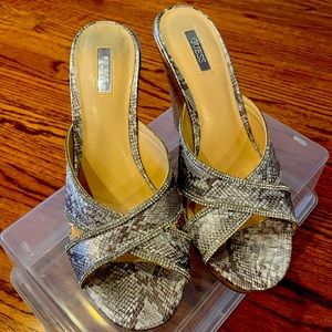 Guess Size 9.5 Sandals - gray snakeskin embellished with rhinestones.